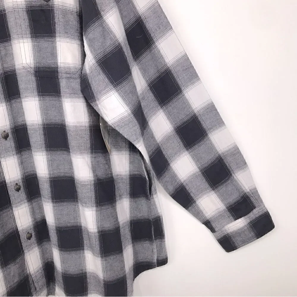 Blue Mountain Charcoal Gray White Plaid Flannel Button Down Casual Shirt